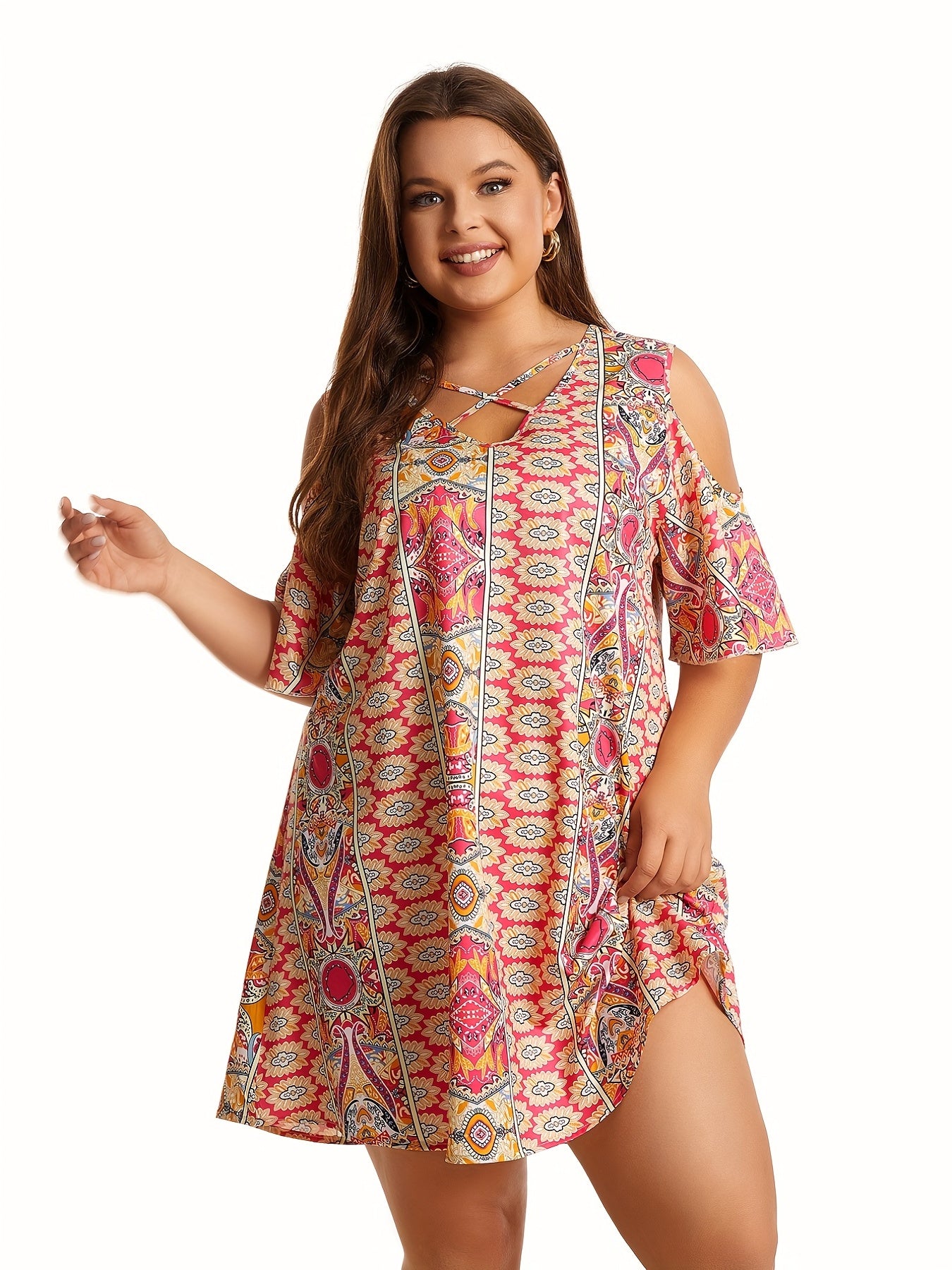  Paisley Print Cold Shoulder V Neck Dress