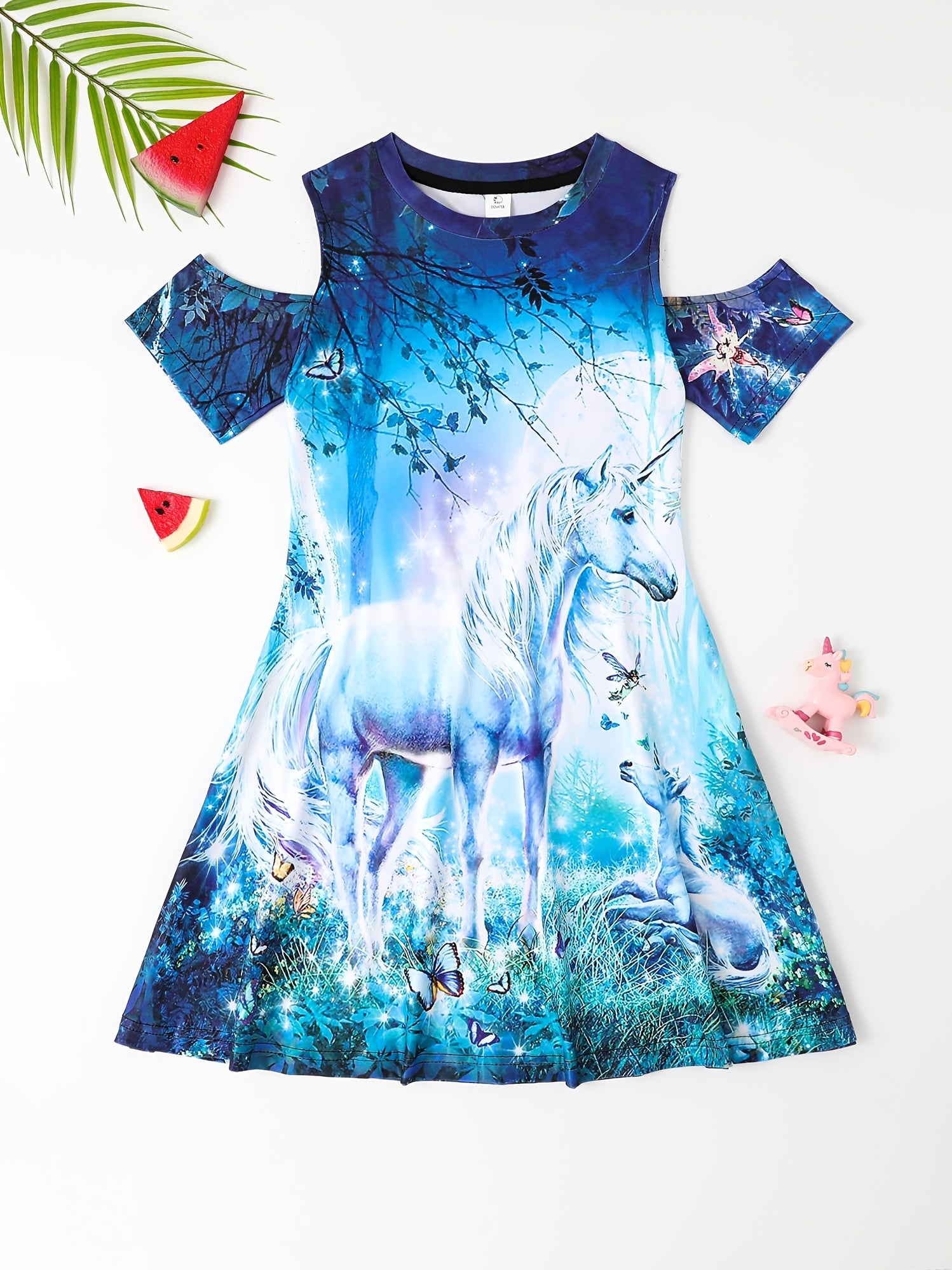 Girls 3D Print Off Shoulder Party Princess Dress