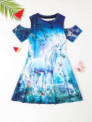 Girls 3D Print Off Shoulder Party Princess Dress