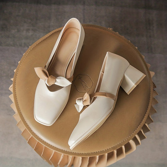 Bowknot Decor Chunky Heels Square Toe Outdoor Shoes