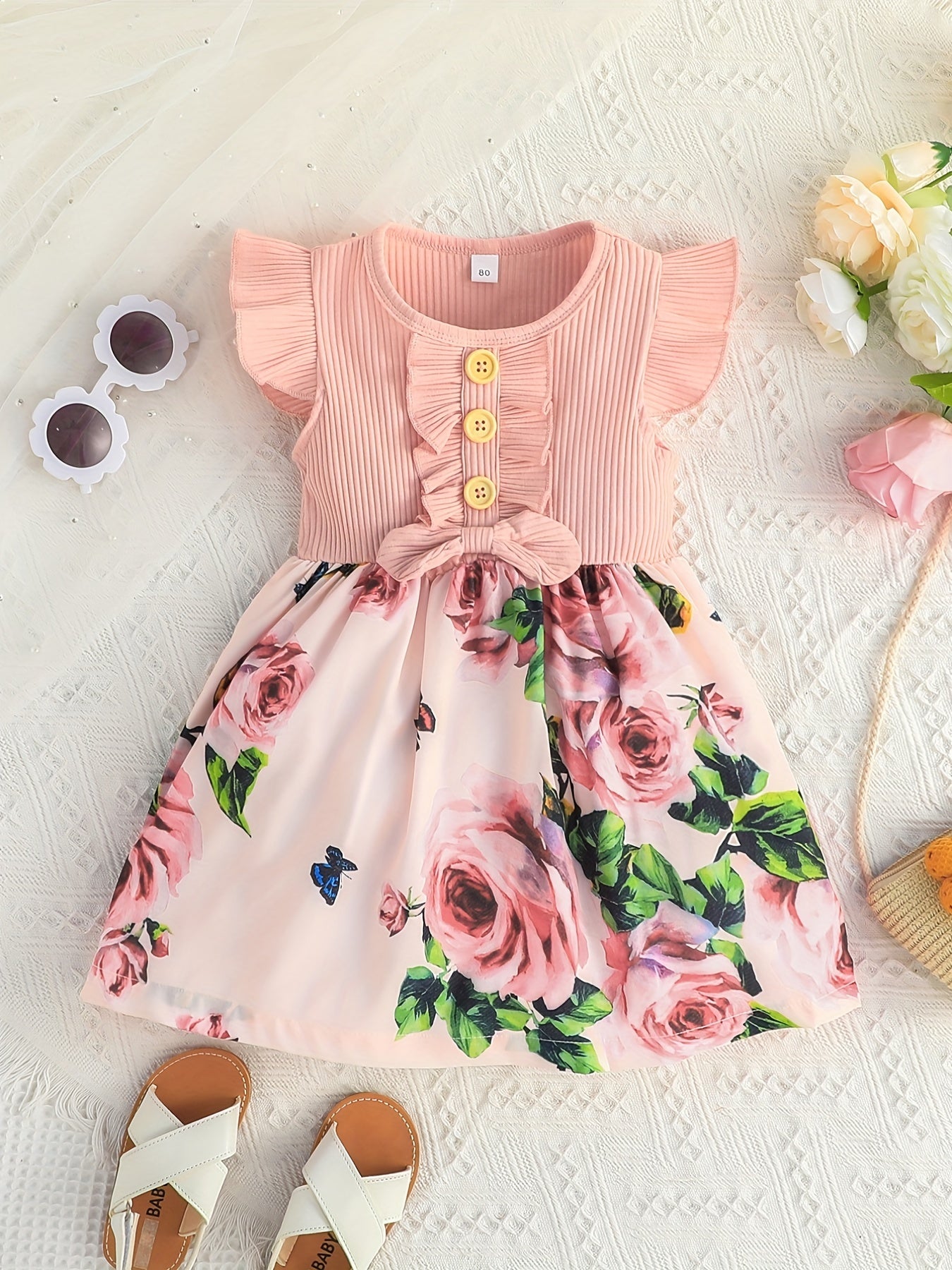 Girls Casual Stitching Dress Ribbed Fly Sleeve Ruffled Bow Dress