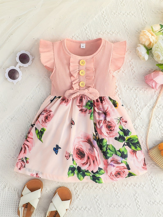 Girls Casual Stitching Dress Ribbed Fly Sleeve Ruffled Bow Dress