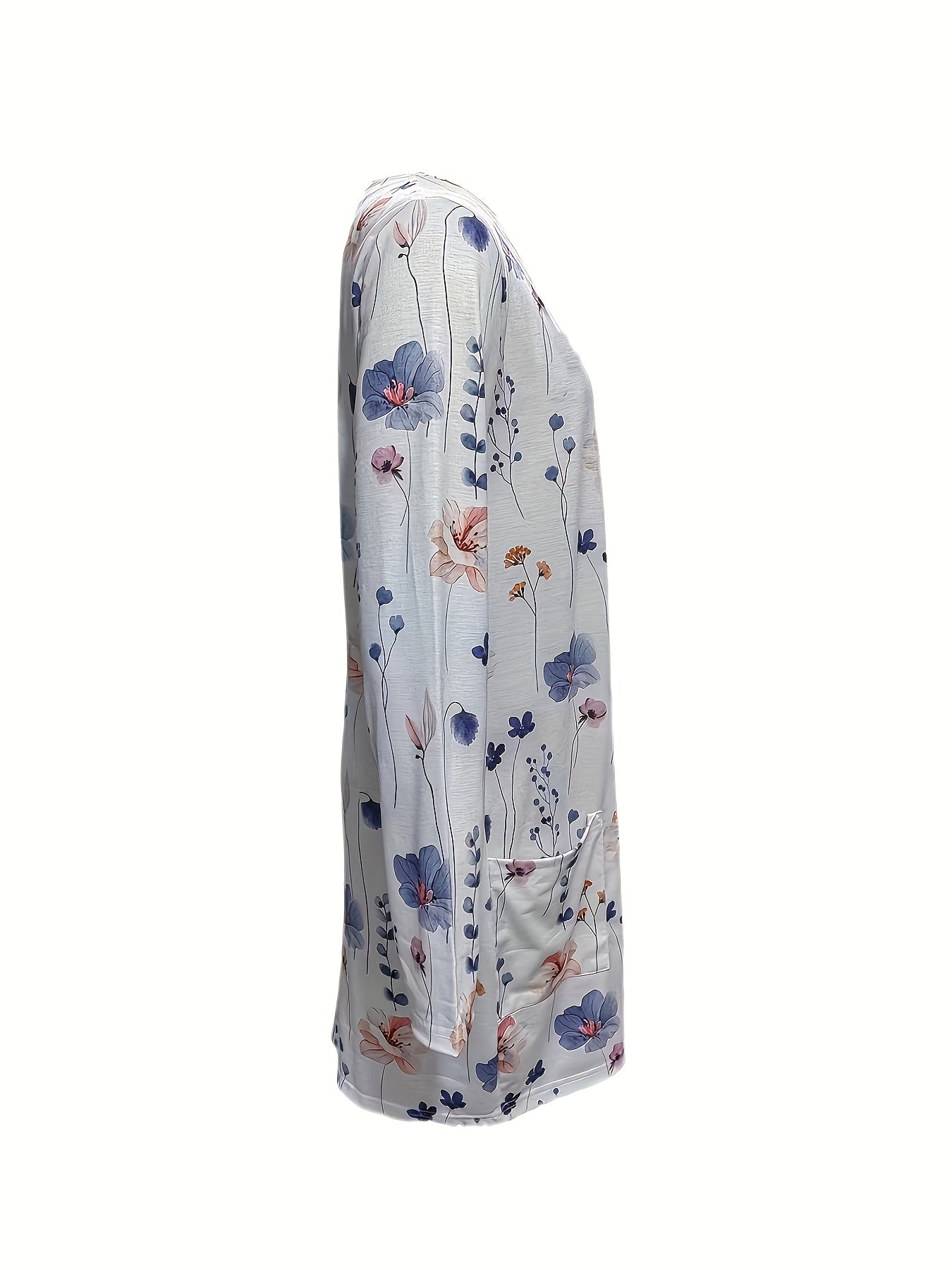  Floral Print Long Sleeve Mini Dress With Pockets