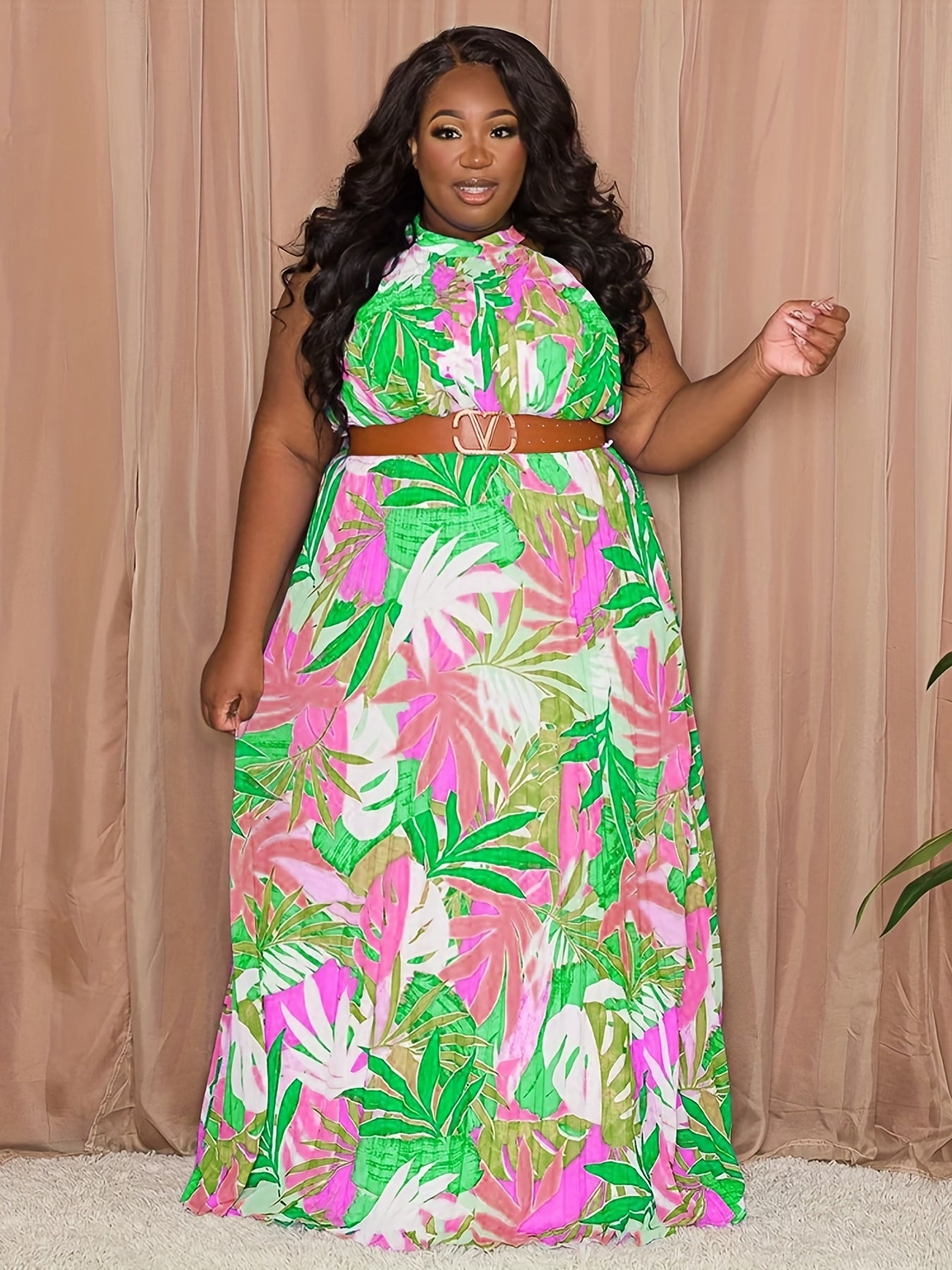  Tropical Print Halter Maxi Dress