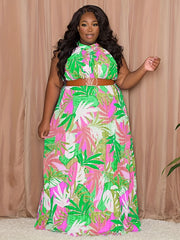  Tropical Print Halter Maxi Dress