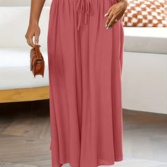 Women's Plus Solid Paperbag Elastic Waist Wide Leg Pants