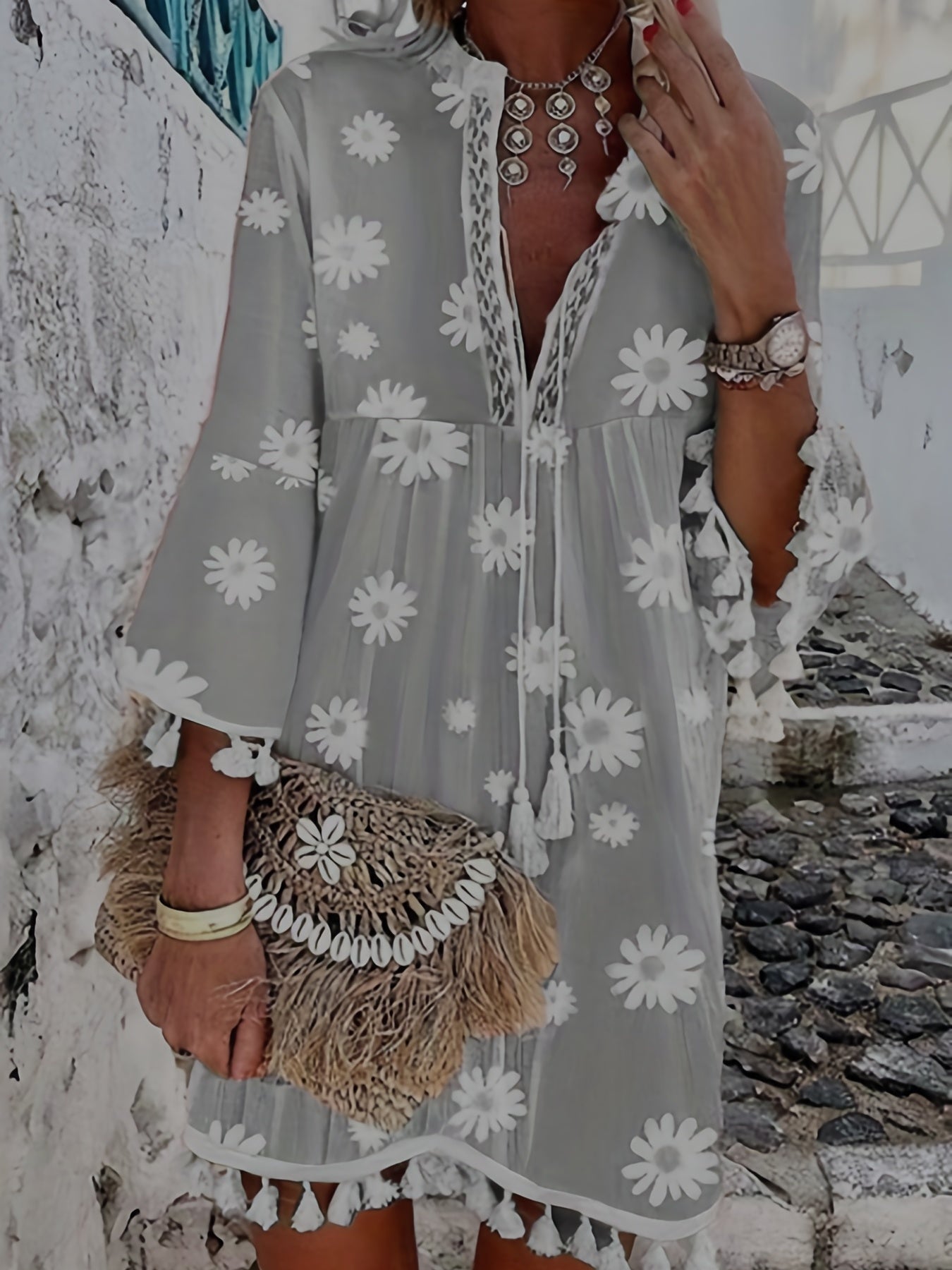 Daisy Print Tassel Dress Vacation High Waist V Neck Drawstring Dress