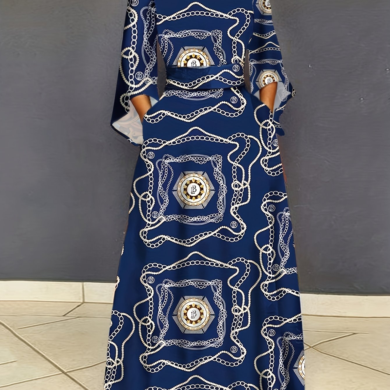 Chain Print Bell Sleeve Maxi Dress
