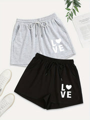 2-Pack Plus Size Casual Shorts Women's Plus Heart & Letter Print