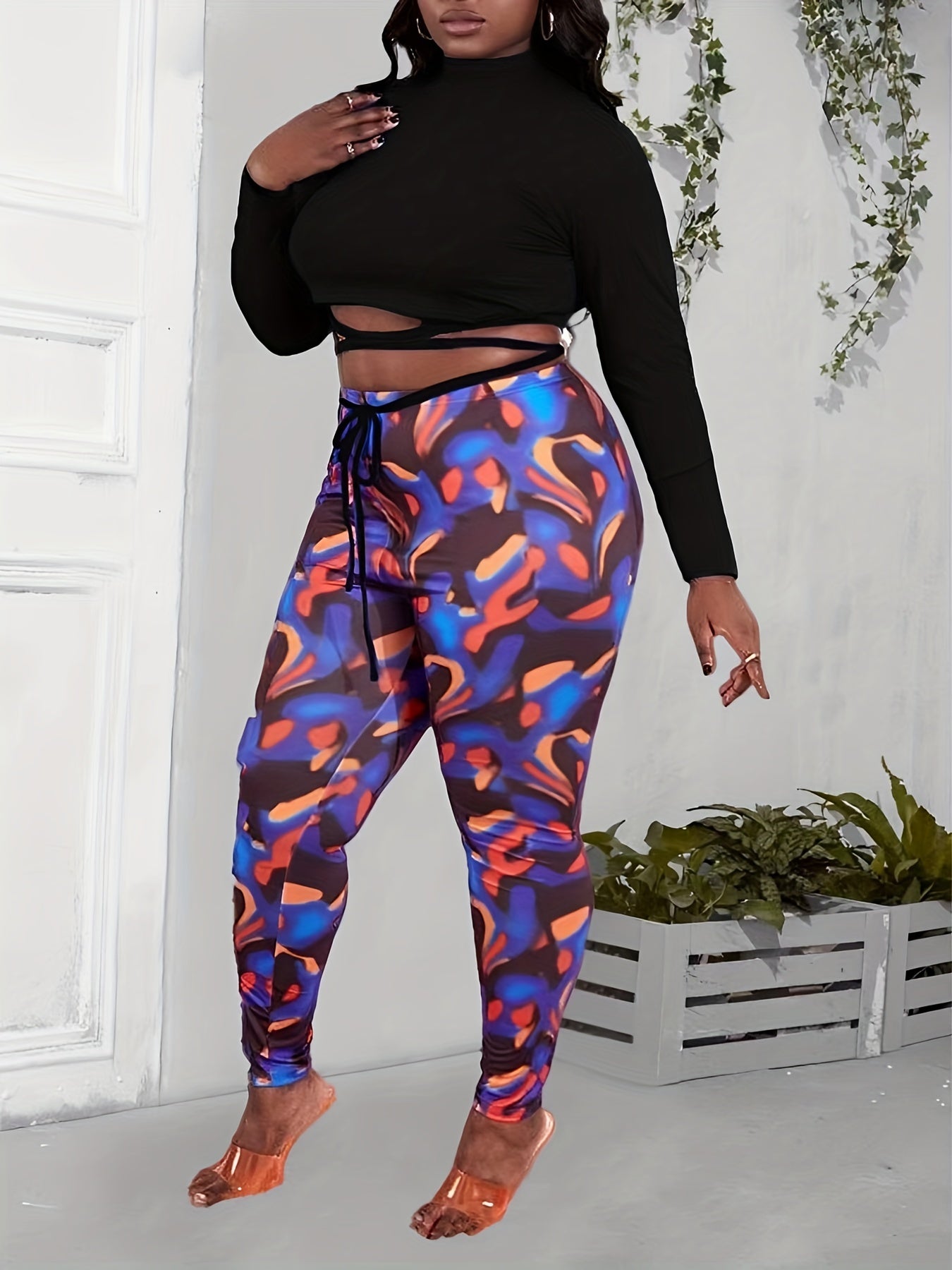 Women's Plus Random Print High Stretch Skinny Pants