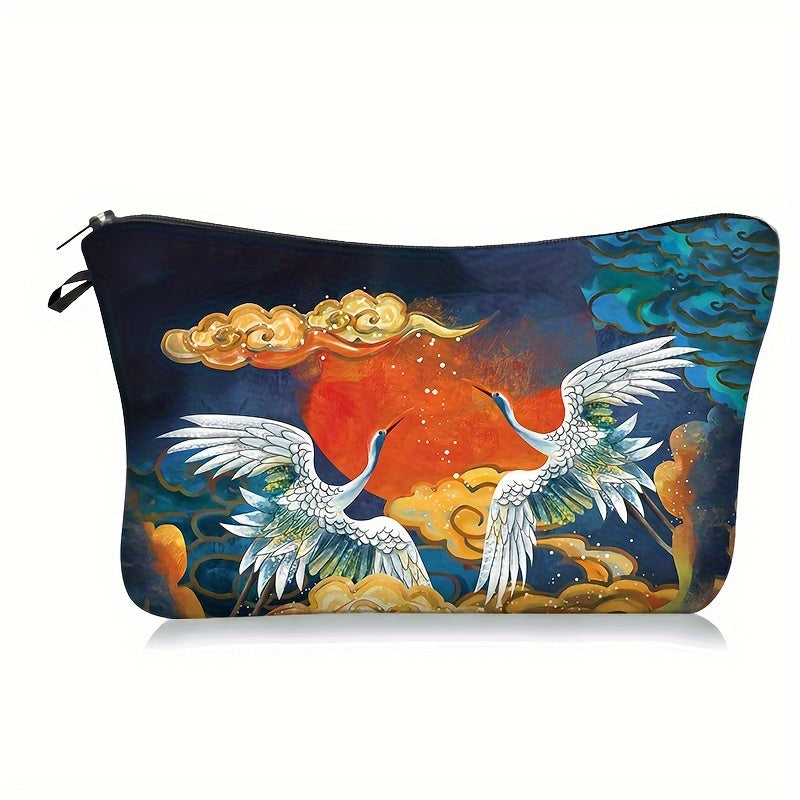 Chinese Peony Crane Print Makeup Pouch Retro Cosmetic Travel Bag