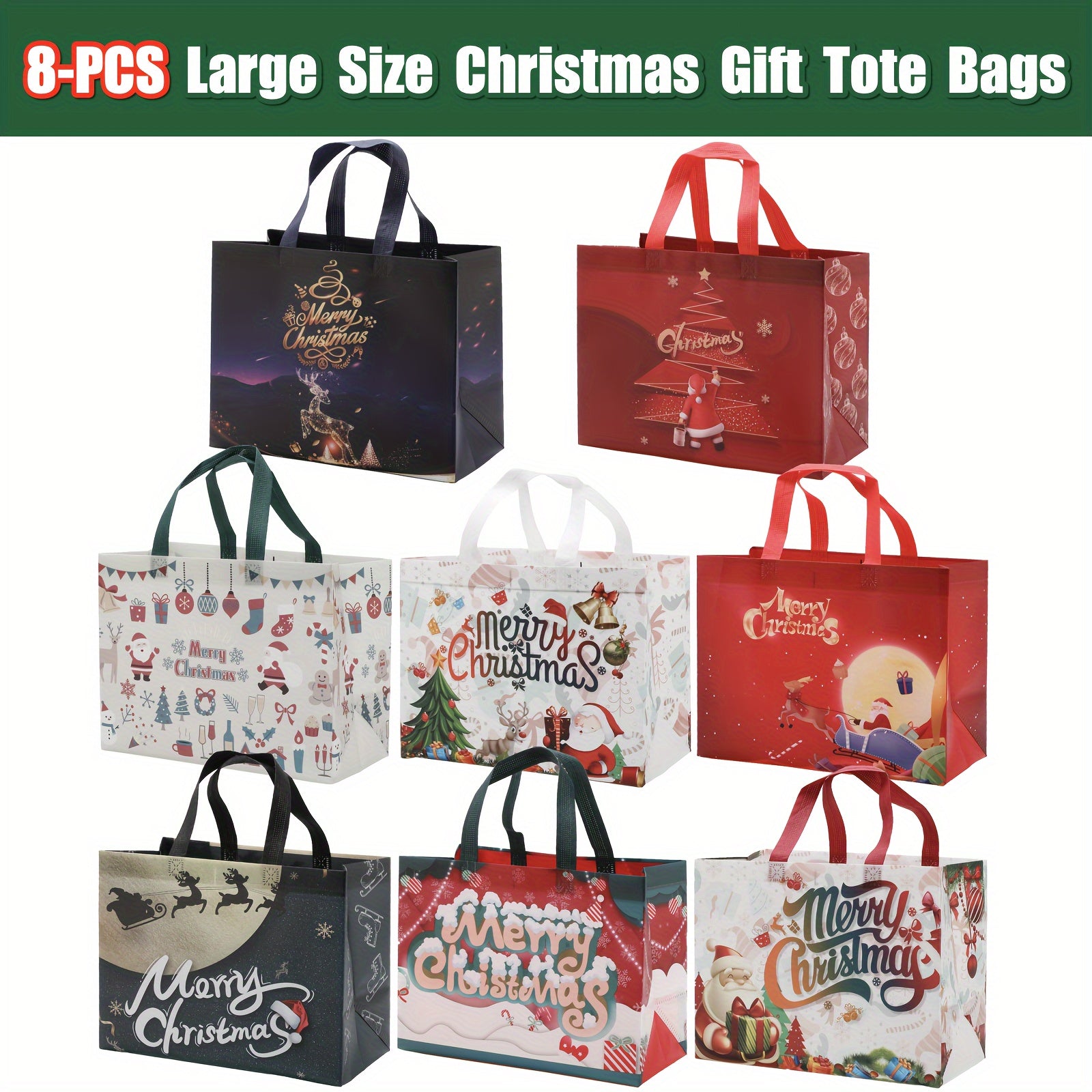 8pcs Large Christmas Tote Gift Bags With Handles Reusable Non woven Gift Bag