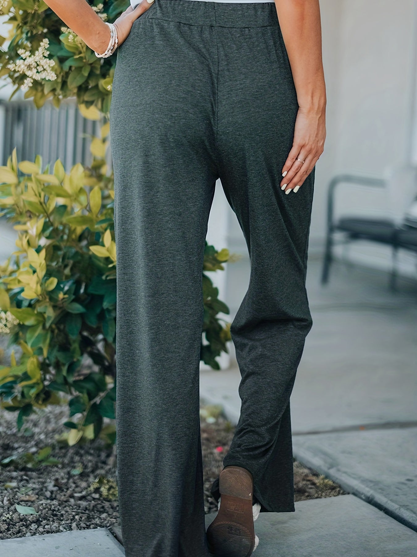 Solid Elastic Drawstring High Rise Straight Leg Pants