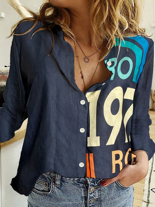  Colorful Letter & Number Print Long Sleeve Blouse