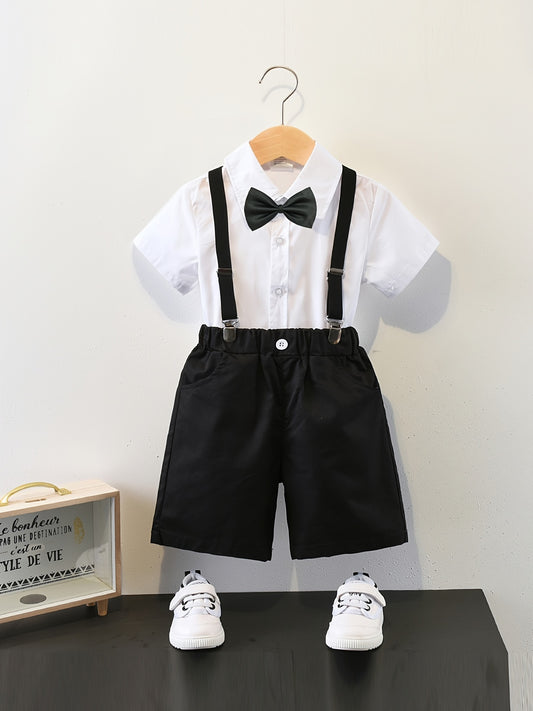 Boys Gentleman Outfit Button Bowtie Short Sleeve Shirt & Suspender Shorts Set