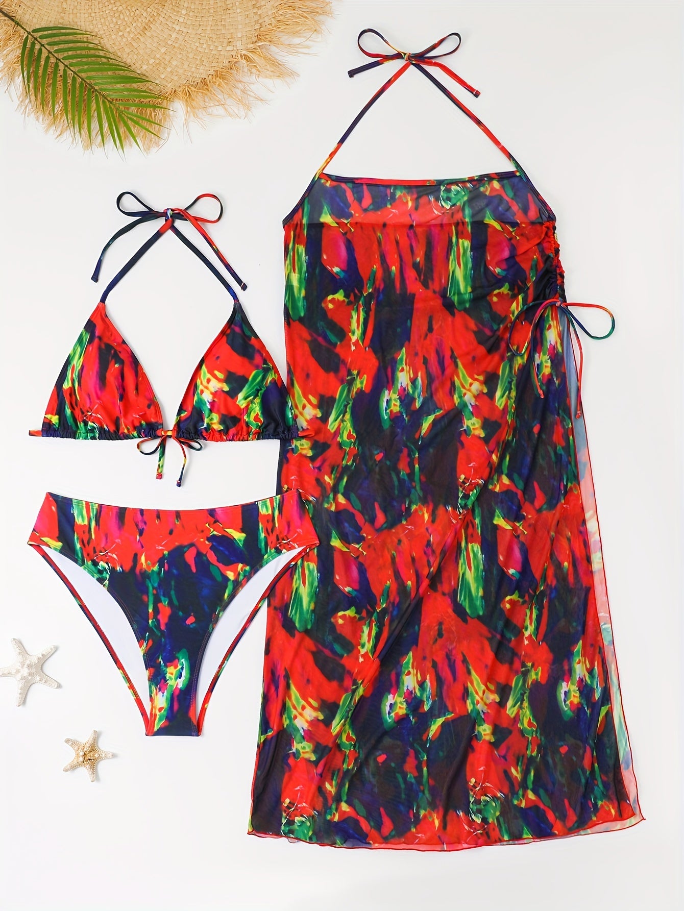  Boho Bikini Set Tie Dye Halter Triangle Bra Top & Bottom & Skirt