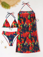  Boho Bikini Set Tie Dye Halter Triangle Bra Top & Bottom & Skirt