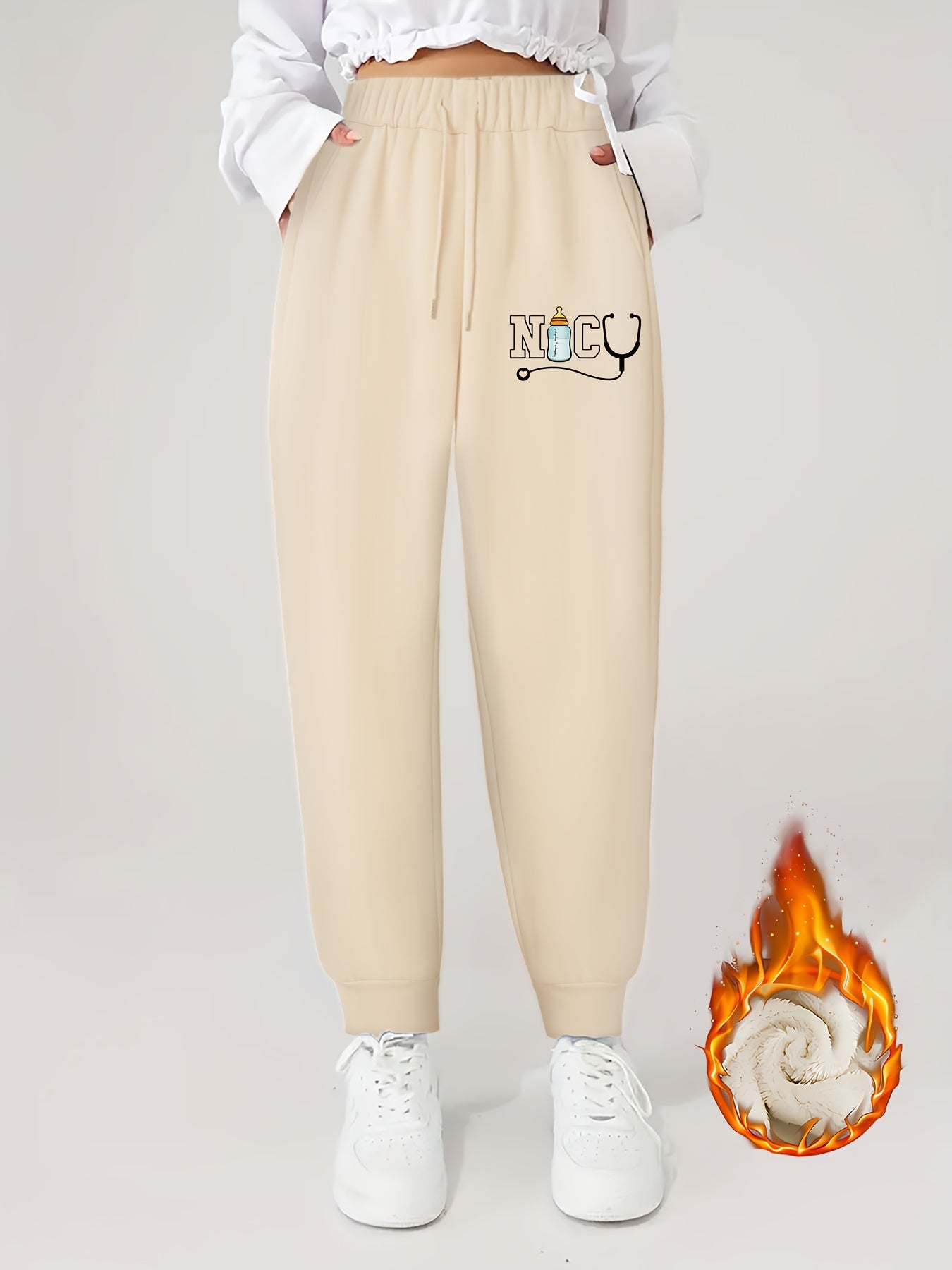  Letter Print Fleece Lined Joggers