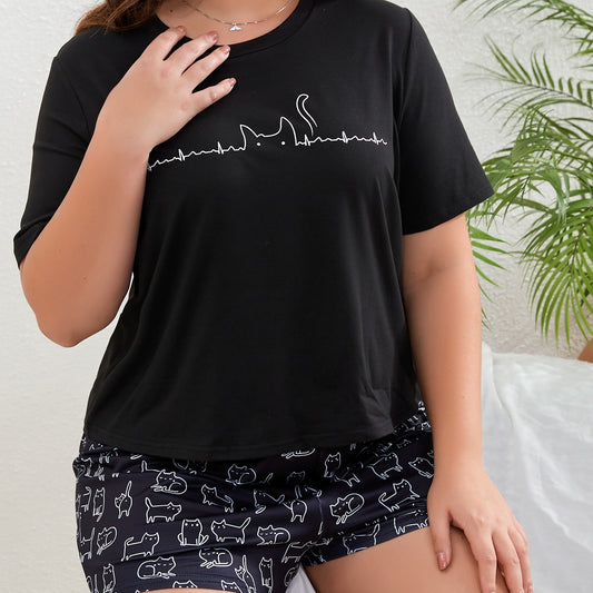  Cat Print Crew Neck T-shirt & Shorts Pajama Set
