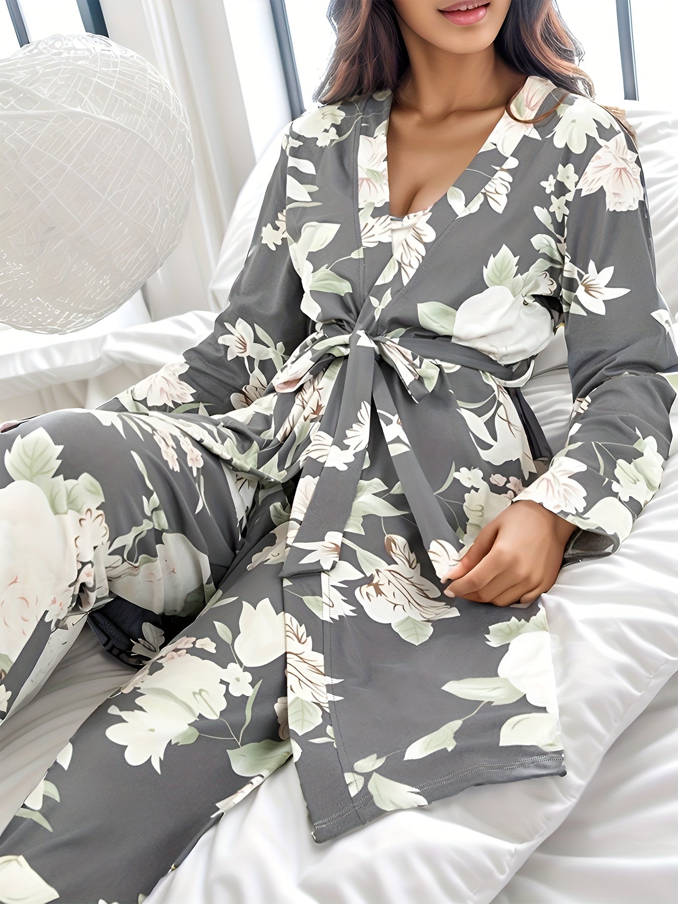 Floral Print Pajama Set Robe Top Pants Women's Sleepwear
