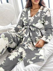 Floral Print Pajama Set Robe Top Pants Women's Sleepwear