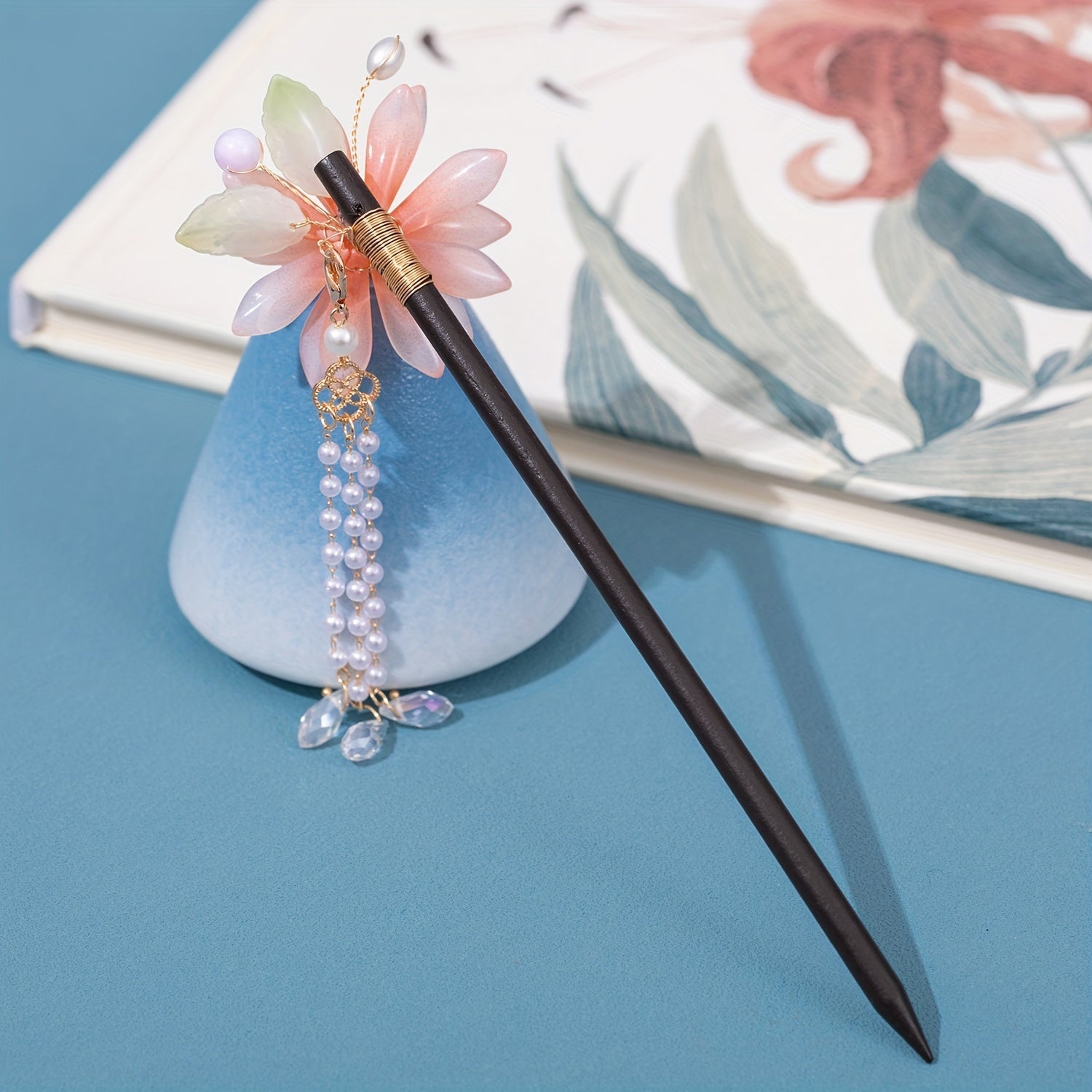 Wooden Flower Hairpin Ancient Style Beaded Tassel Hair Accessories