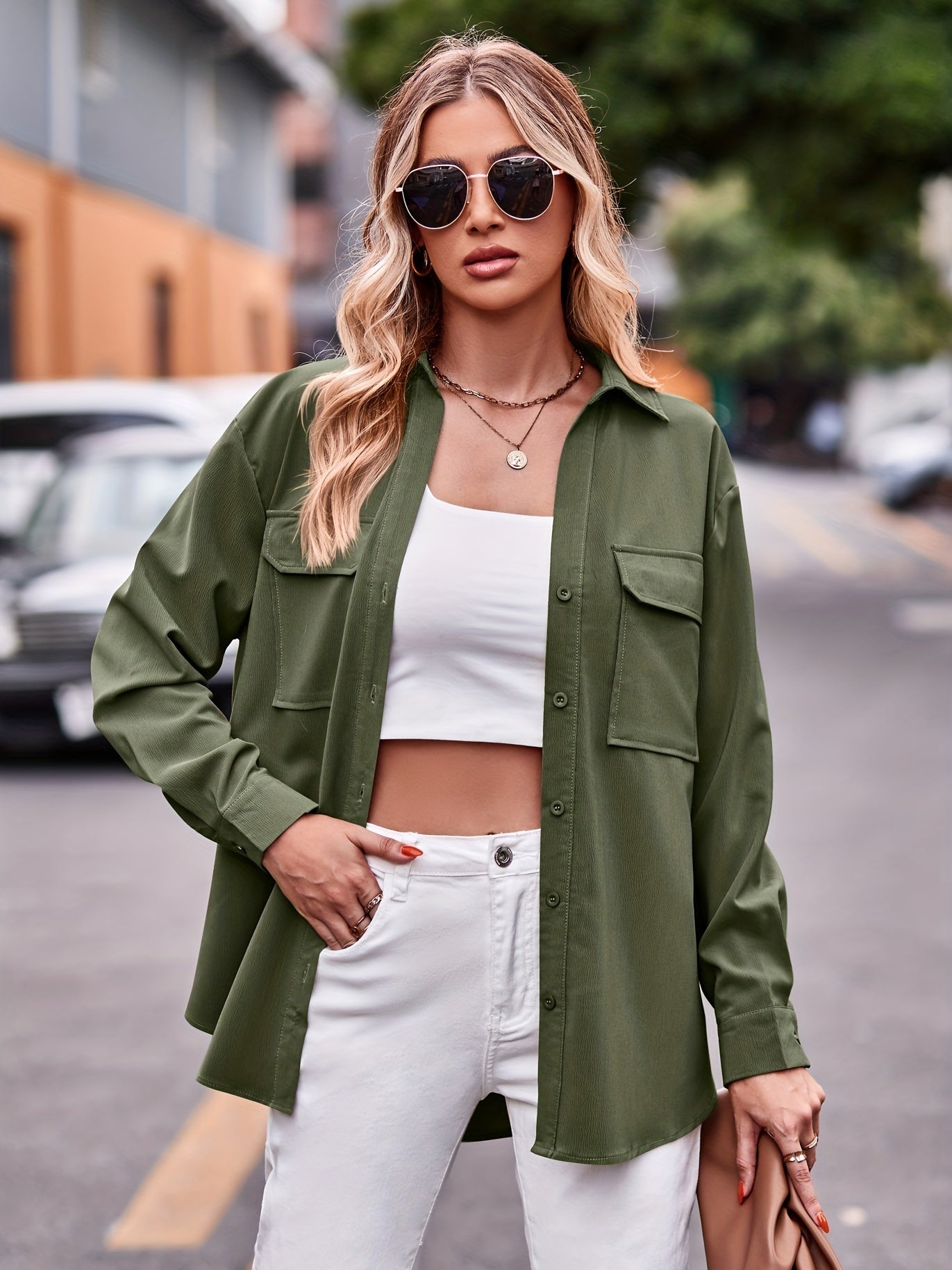  Women's Solid Button Up Long Sleeve Shirt Top
