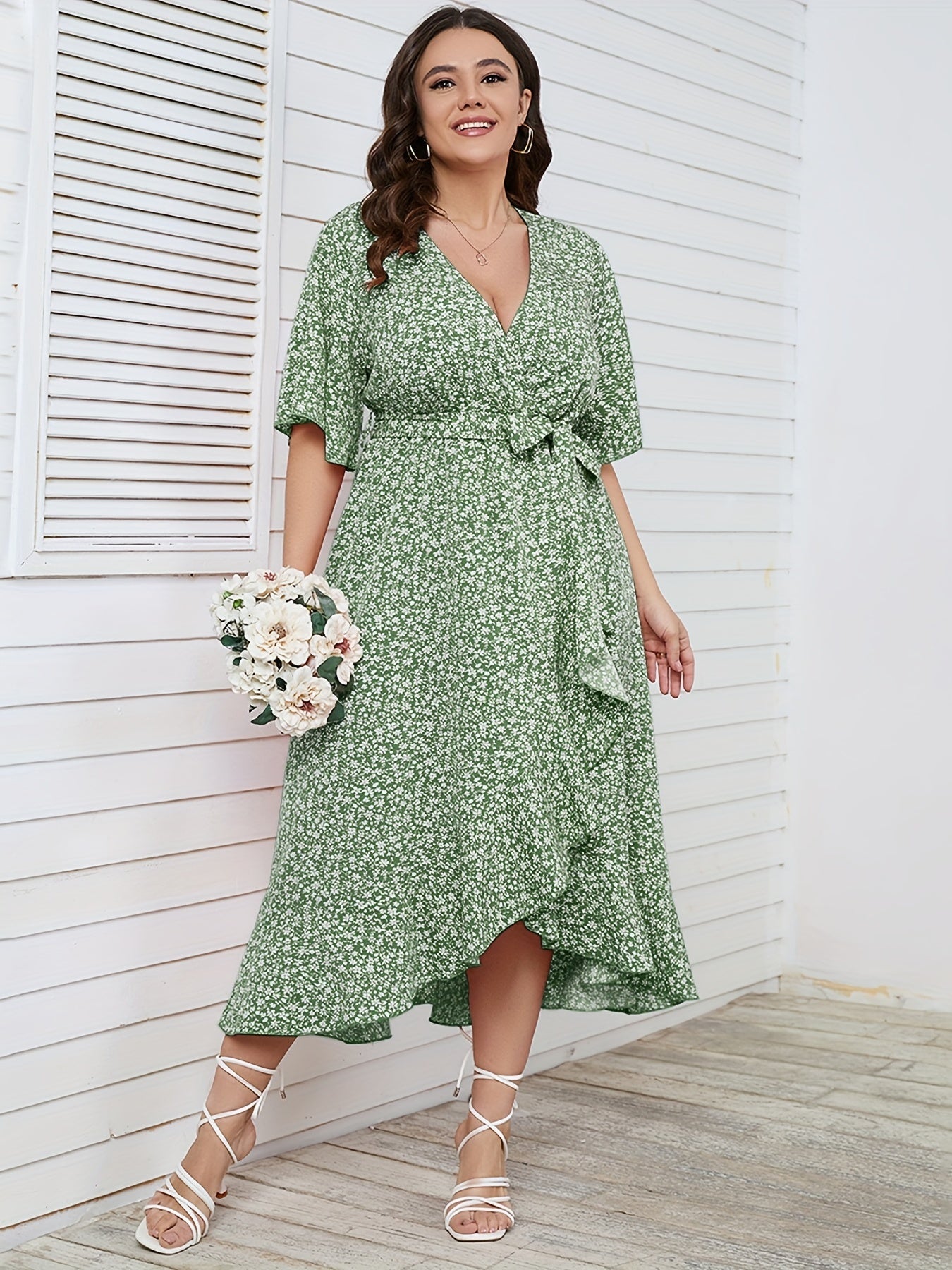  Ditsy Print Short Sleeve Wrap Dress With Belt