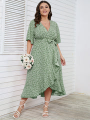  Ditsy Print Short Sleeve Wrap Dress With Belt