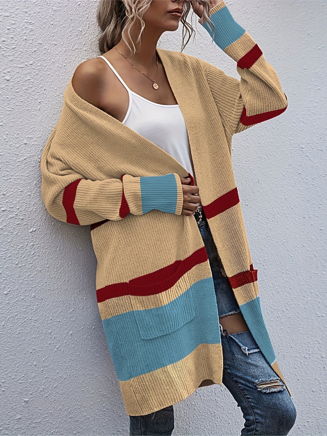  Striped Open Front Cardigan with Pockets