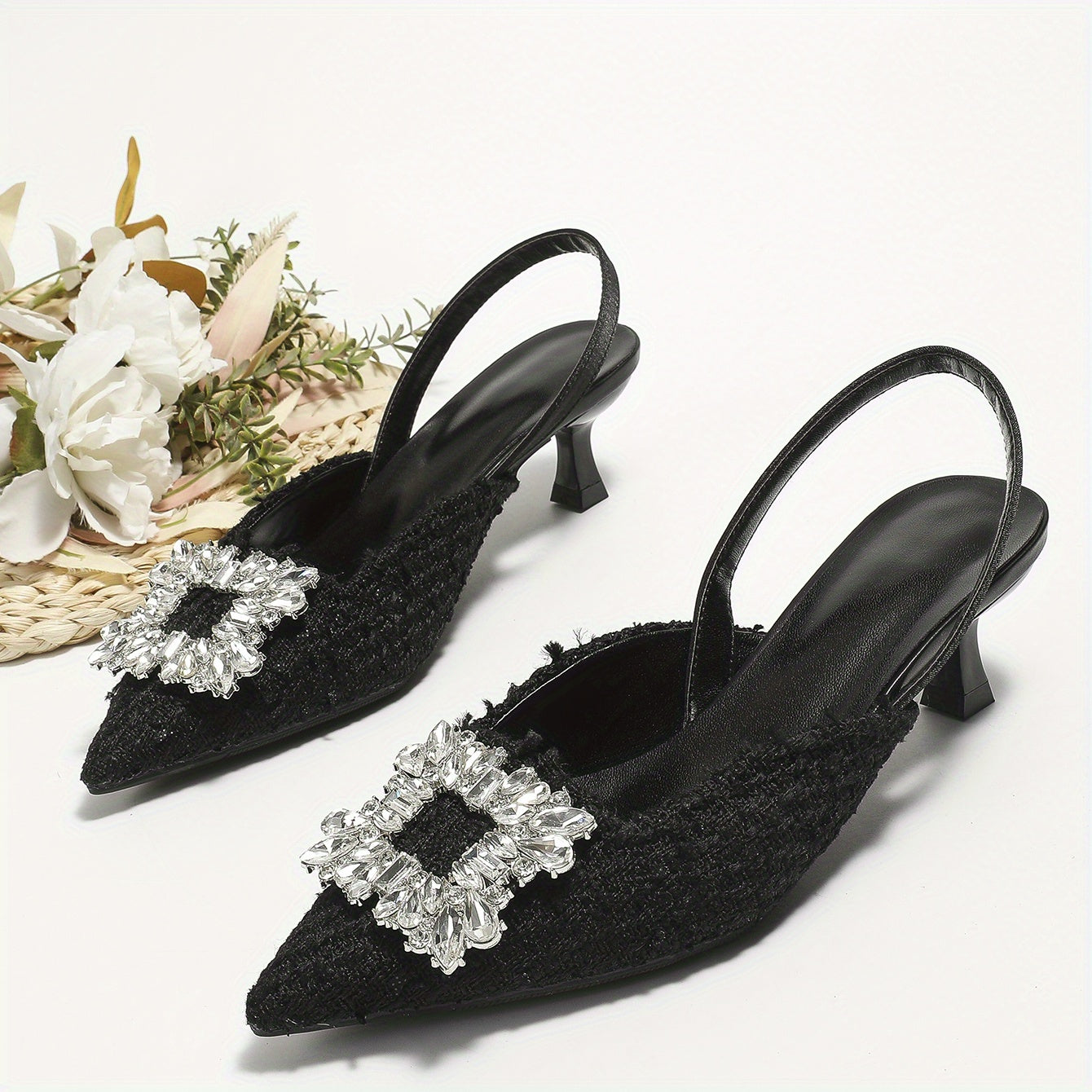 Women's Tweed Slingback Kitten Heels Rhinestone Square Buckle Slip On Sandals