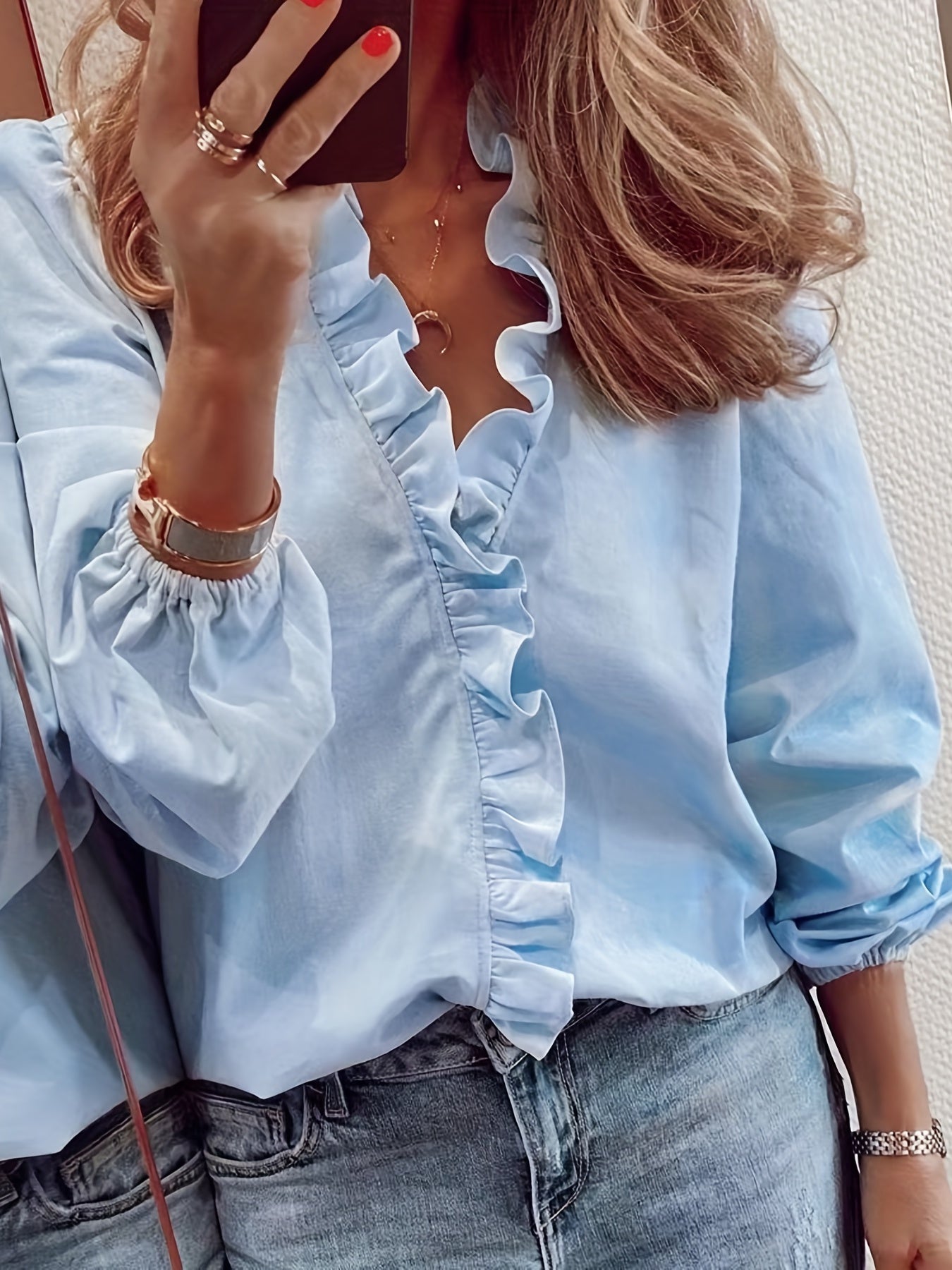  Ruffle Trim Lantern Sleeve V Neck Blouse