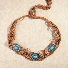 Turquoise Inlaid Braided Belt Boho Hollow Wax Rope Waistband Vintage Dress