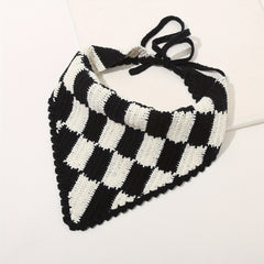 Crochet Plaid Triangle Head Scarf Pastoral Style Hair Accessories