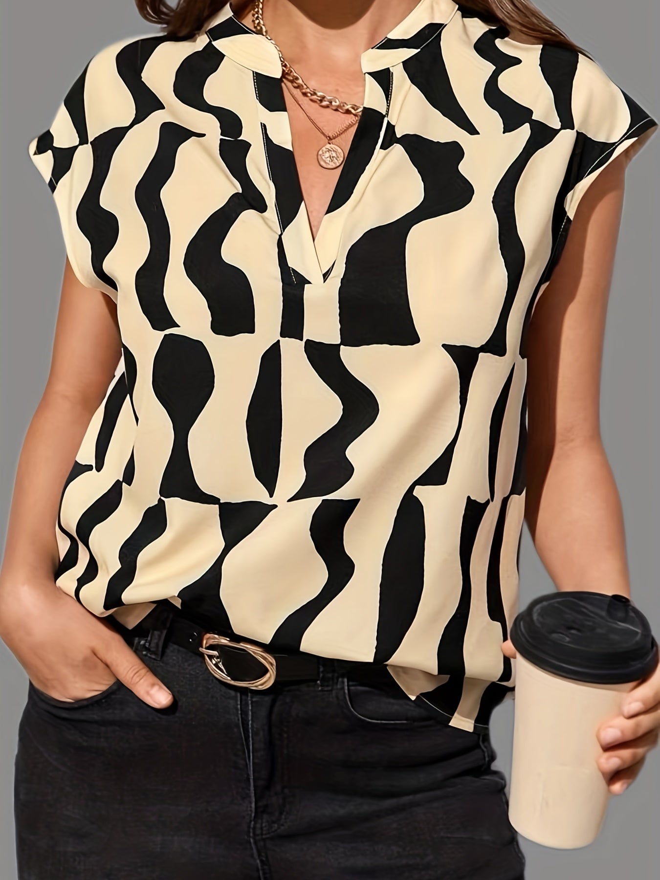 Abstract Print V neck Tank Top Women's Clothing