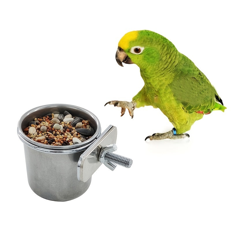 Stainless Steel Bird Feeding Cups with Clamp Holder for Parrot Food and Water