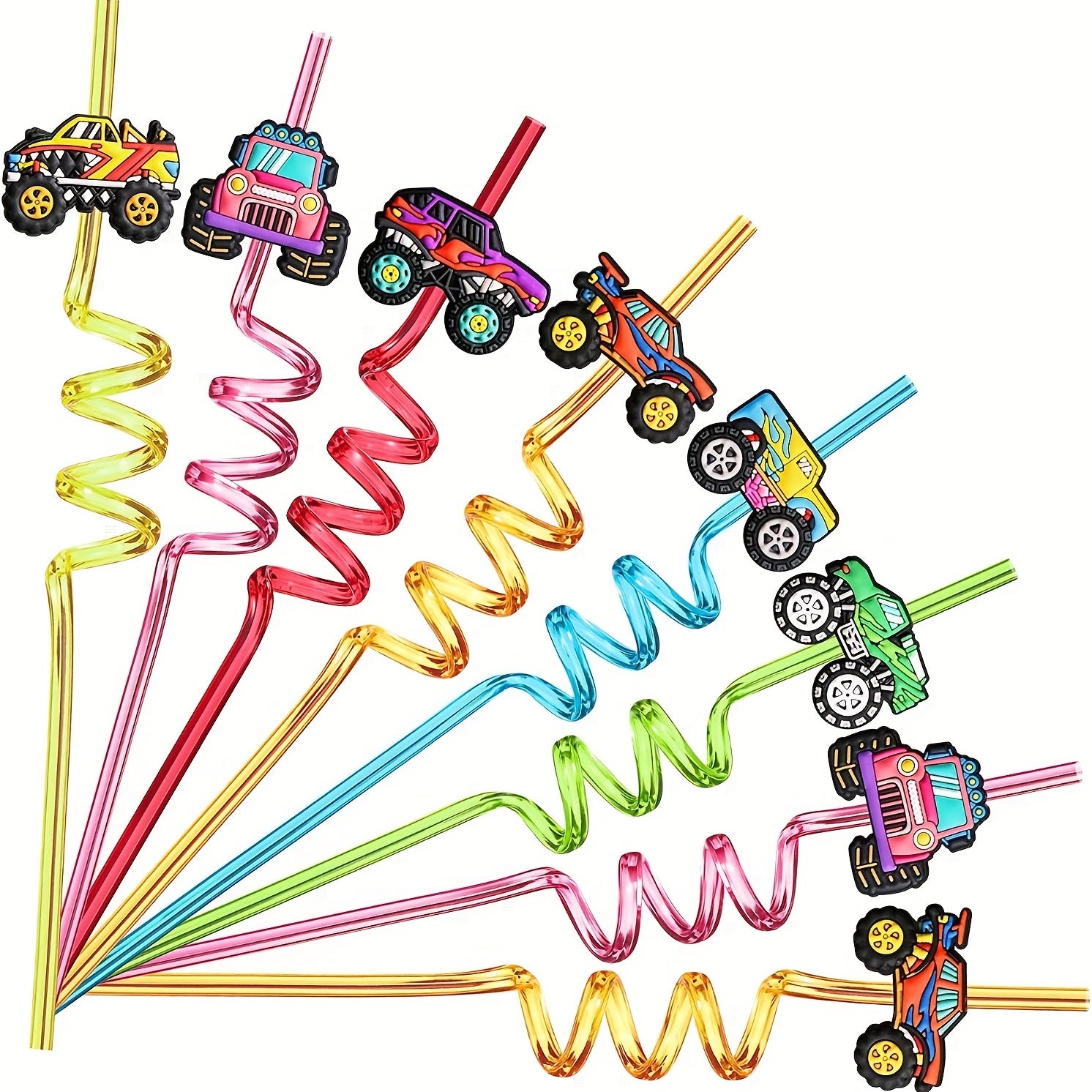 24pcs Monster Truck Big Cars Plastic Straws & 2pcs Brushes