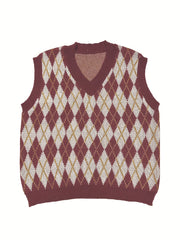  Preppy Knit Vest Women's Plus Argyle Print V Neck Knit Vest