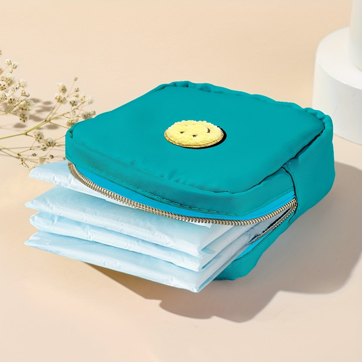 Preppy Makeup Pouch Smiley Face Patch Dark Grey