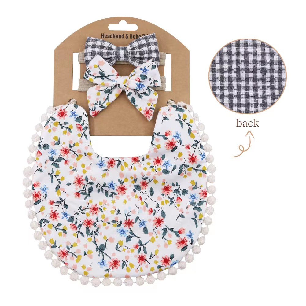 Cute Baby Bib & Headband Set Cotton Linen Double Sided Protection