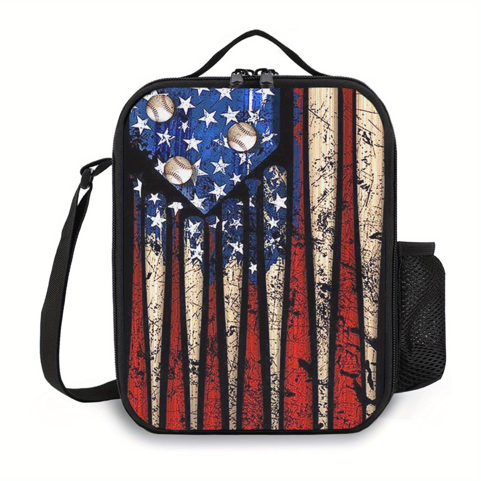 Baseball American Flag Lunch Box Bag Insulated Thermal Cooler Ice Pack Camping