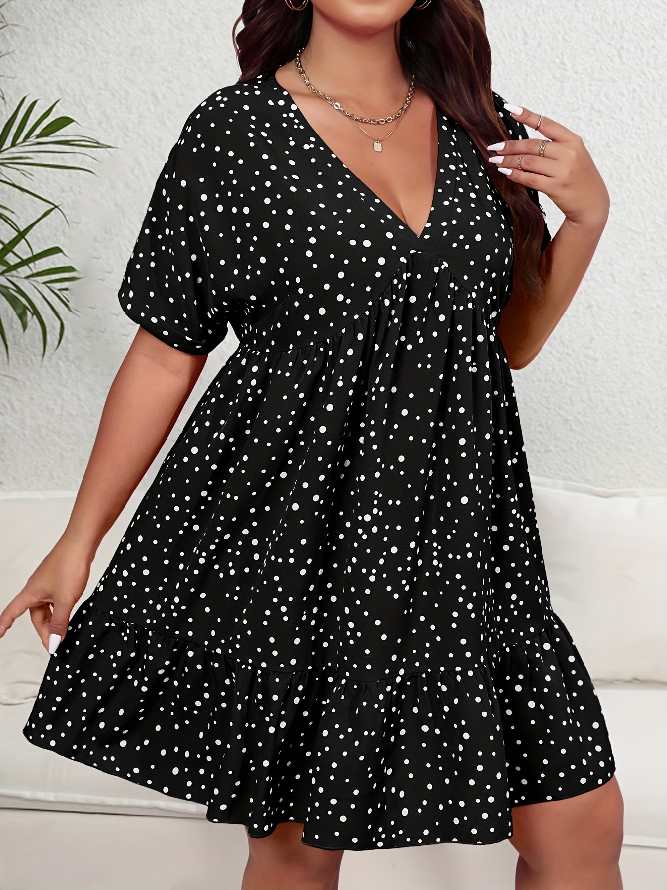  Polka Dot Ruffle Trim V Neck Smock Dress