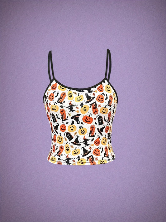 Pumpkin & Witch Print Cami Top Sleeveless Women's Clothing