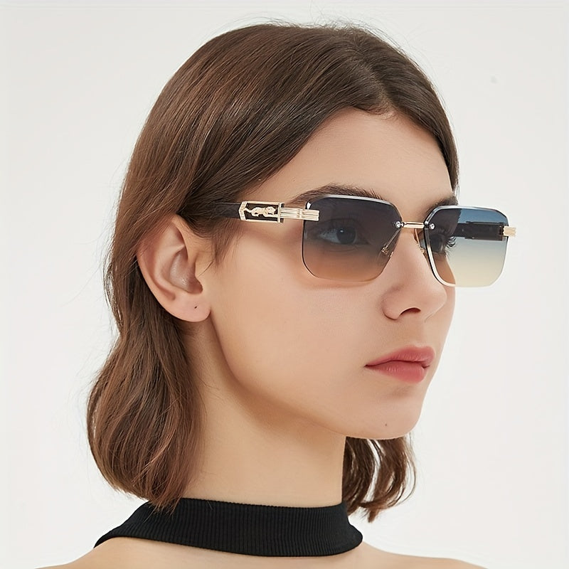 Gradient Lens Rimless Sunglasses Metal Leopard Engraved Temple Glasses UV400