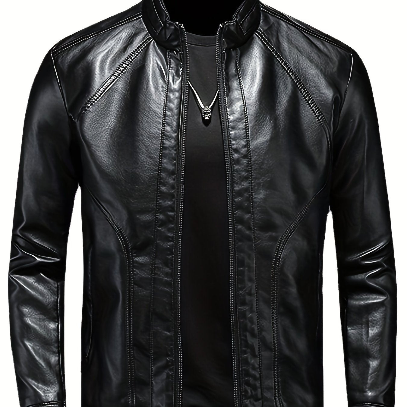 Men's PU Leather Motorcycle Jacket Stand Collar Zipper Closure