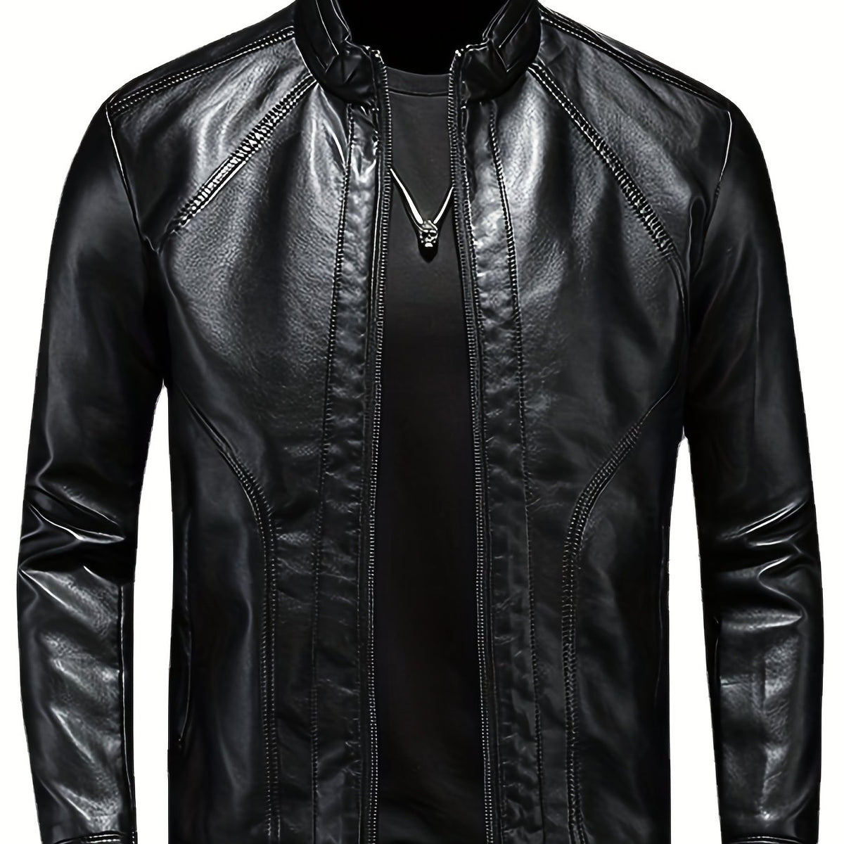 Men's PU Leather Motorcycle Jacket Stand Collar Zipper Closure