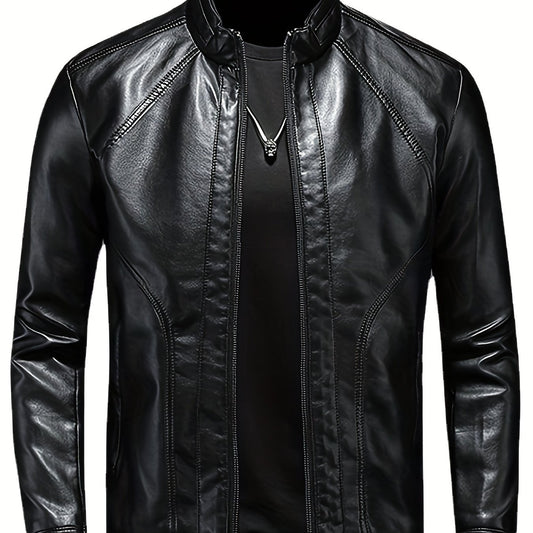 Men's PU Leather Motorcycle Jacket Stand Collar Zipper Closure
