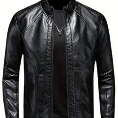 Men's PU Leather Motorcycle Jacket Stand Collar Zipper Closure