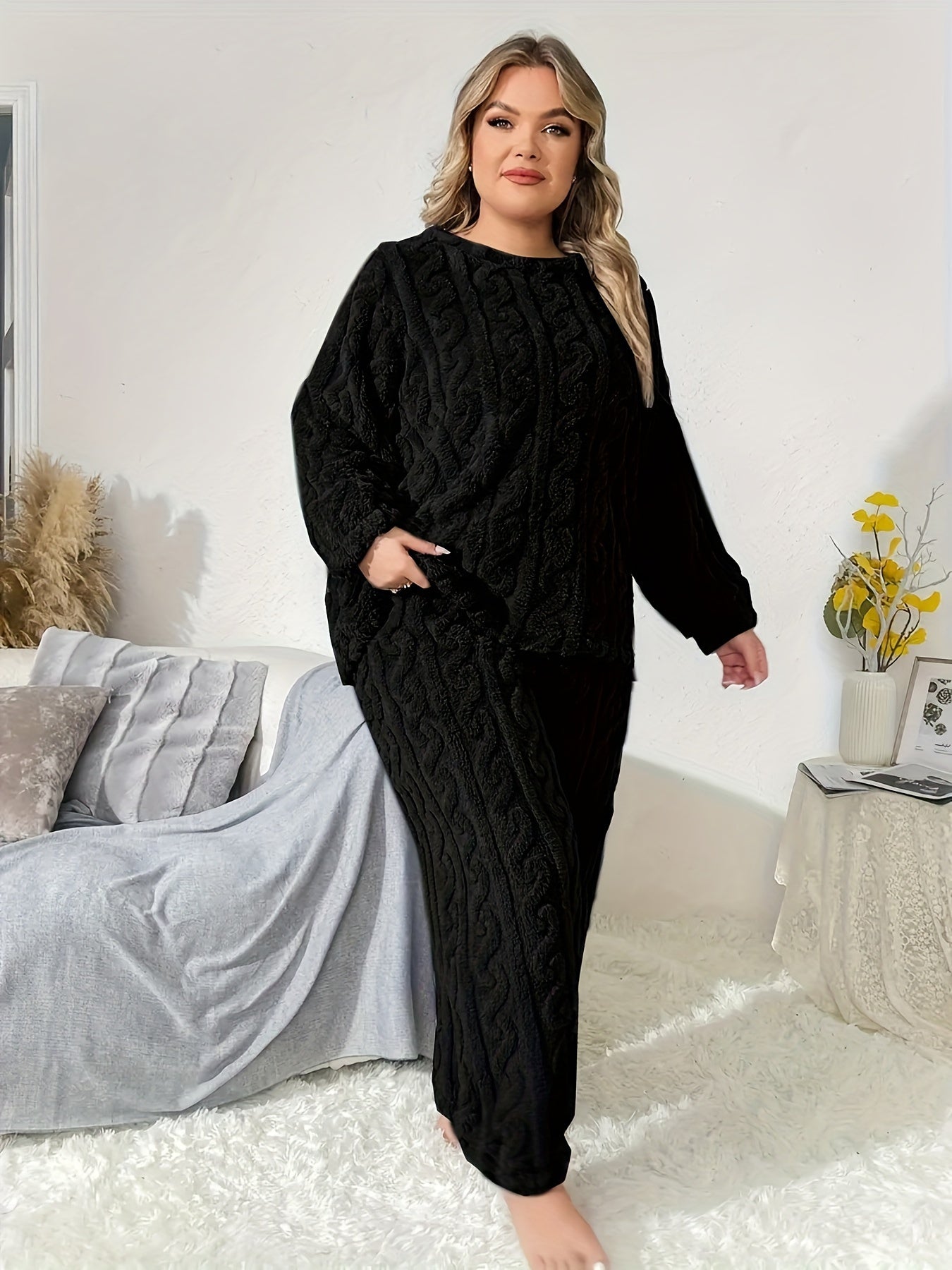  Solid Cable Long Sleeve Top & Pants 2 Pc Set