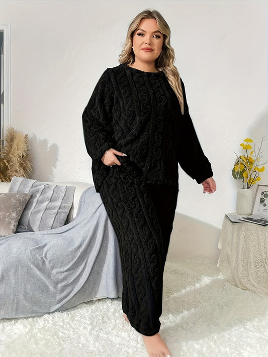  Solid Cable Long Sleeve Top & Pants 2 Pc Set